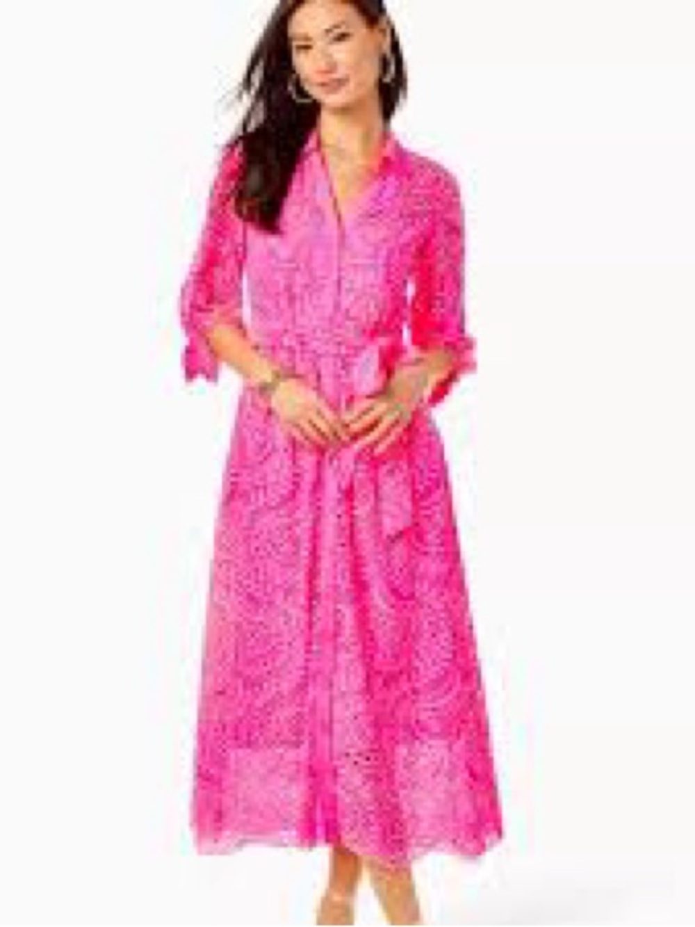 Lilly Pulitzer Amrita Midi Dress Pink Isle Swirly Fern Scalloped Eyelet Size 4
